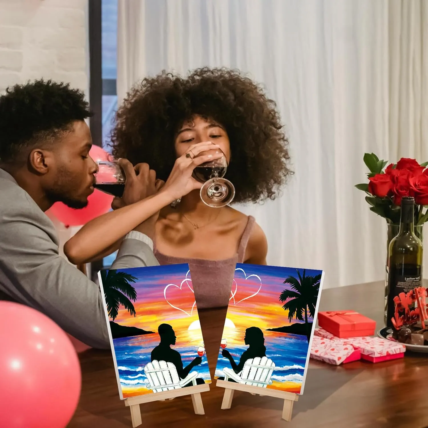 VOCHIC Sip and Paint Kit,Pre Drawn Canvas Couples Paint Party Kit Painting Art Set for Adults Date Night Sunset Beach Lovers 2 Pack (8 x 10 Inches)