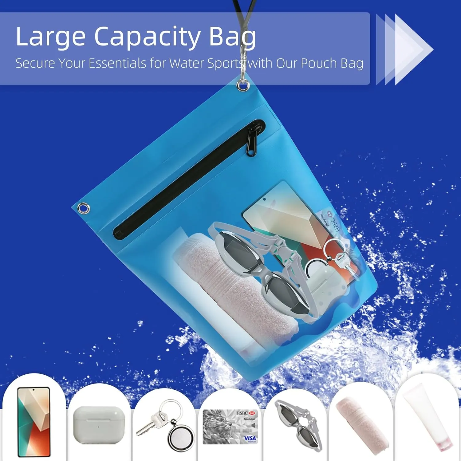 WALNEW Waterproof Dry Bag with Watertight Zipper, Lightweight Waterproof Pouch for Women Men, IPX5 Crossbody Dry Sack Keeps Gear Dry for Kayaking, Beach, Boating, Camping, Fishing, Hiking (BLUE)
