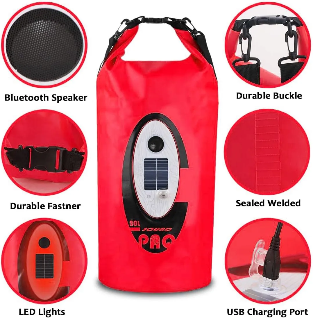 Waterproof 20L Dry Bags with Wireless Speaker Backpack for Fishing Hiking Floating,Solar Dry Storage Bag Built-in 2000mAh Battery and 5 Lighting Modes for Camping (Red)