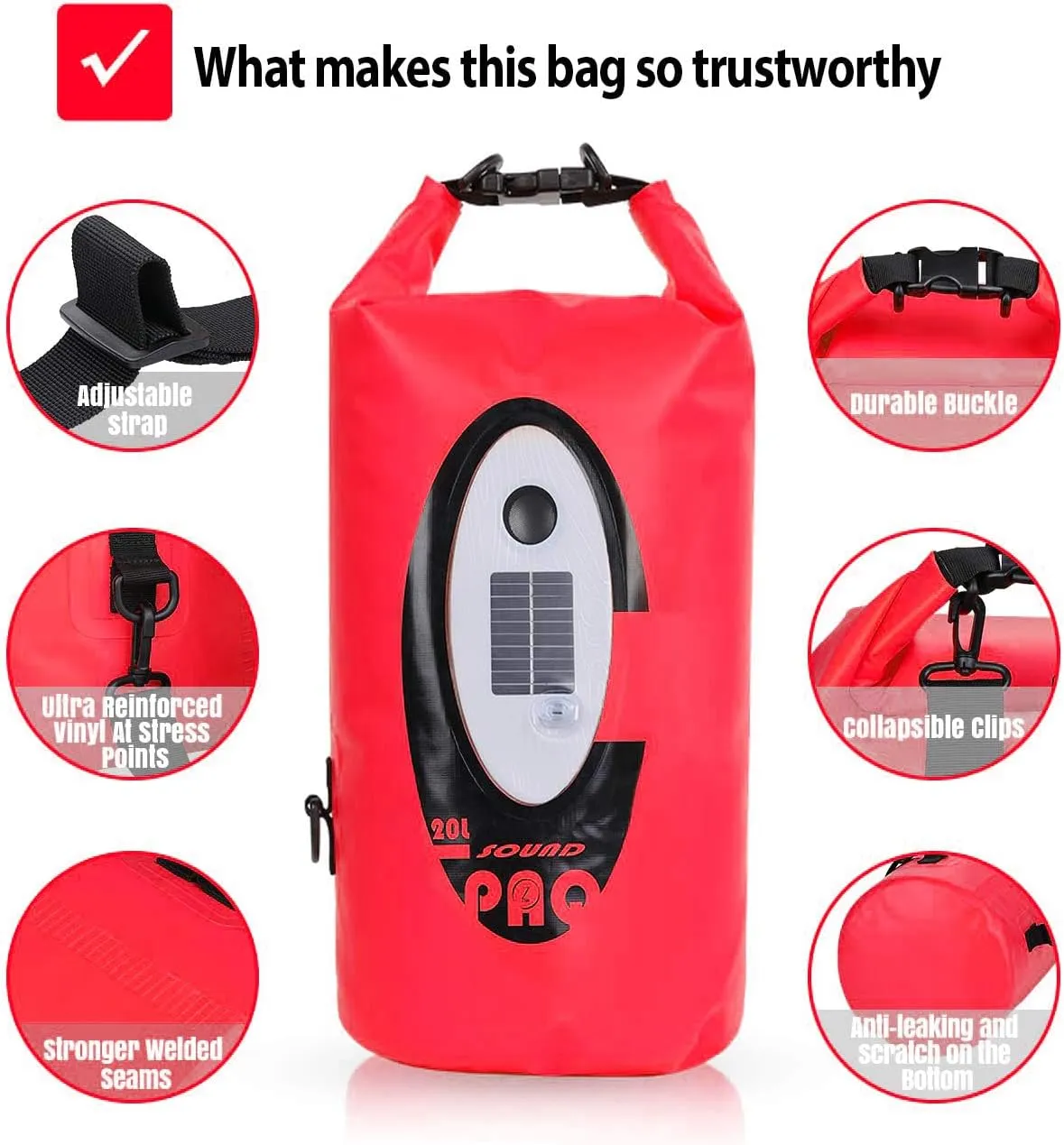 Waterproof 20L Dry Bags with Wireless Speaker Backpack for Fishing Hiking Floating,Solar Dry Storage Bag Built-in 2000mAh Battery and 5 Lighting Modes for Camping (Red)
