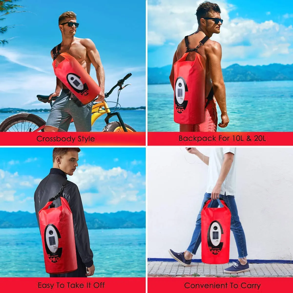 Waterproof 20L Dry Bags with Wireless Speaker Backpack for Fishing Hiking Floating,Solar Dry Storage Bag Built-in 2000mAh Battery and 5 Lighting Modes for Camping (Red)
