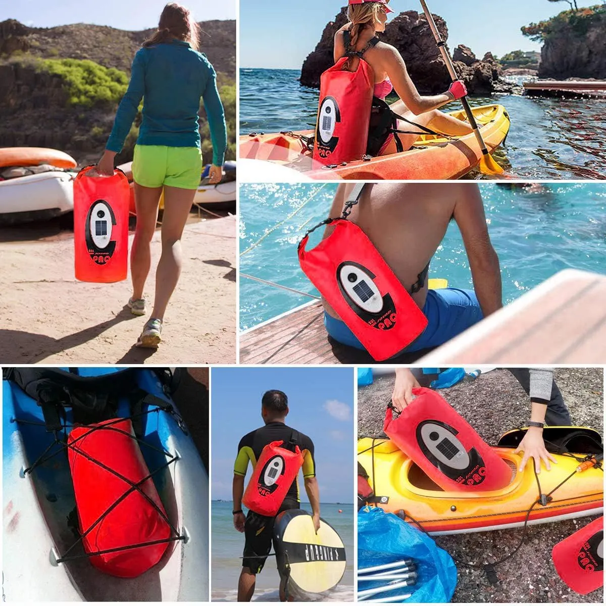 Waterproof 20L Dry Bags with Wireless Speaker Backpack for Fishing Hiking Floating,Solar Dry Storage Bag Built-in 2000mAh Battery and 5 Lighting Modes for Camping (Red)