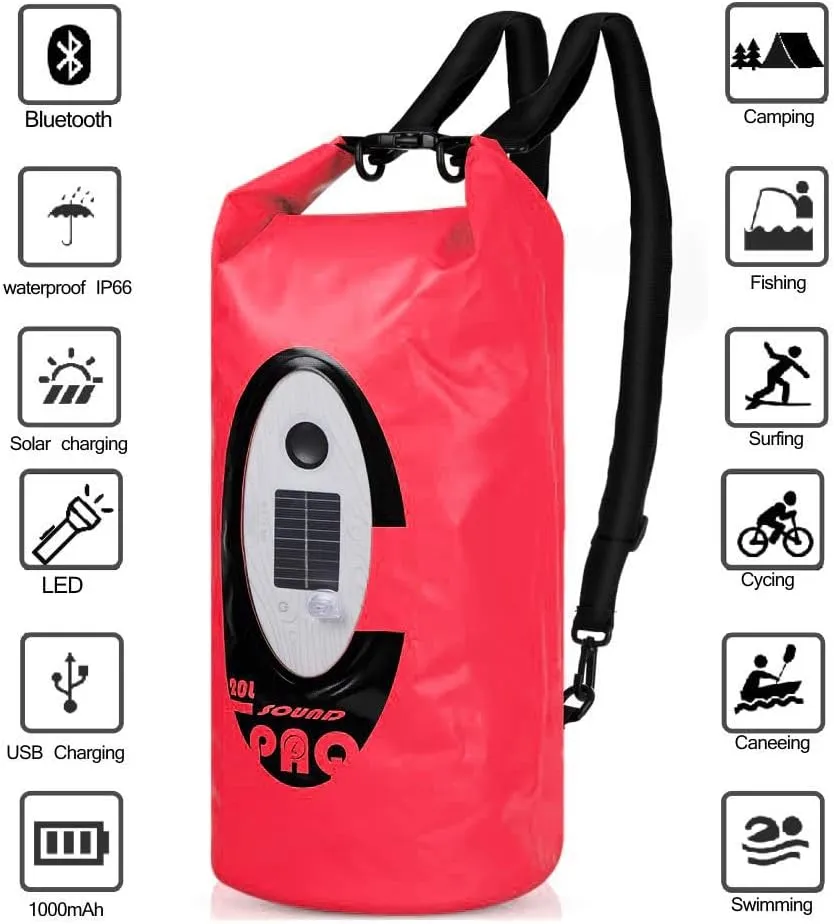 Waterproof 20L Dry Bags with Wireless Speaker Backpack for Fishing Hiking Floating,Solar Dry Storage Bag Built-in 2000mAh Battery and 5 Lighting Modes for Camping (Red)