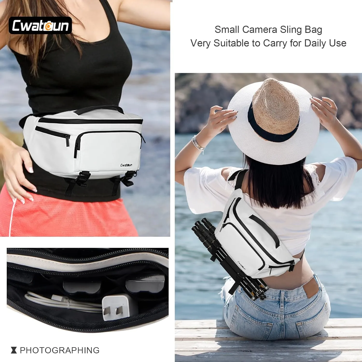Waterproof Camera Waist Bag - Portable Fanny Pack, Compact Camera Case with Tripod Holder, Daily Crossbody Bag for Canon Nikon Sony DSLR/SLR/Mirrorless Camera, Can accommodate 1 Camera 2 Lens, White