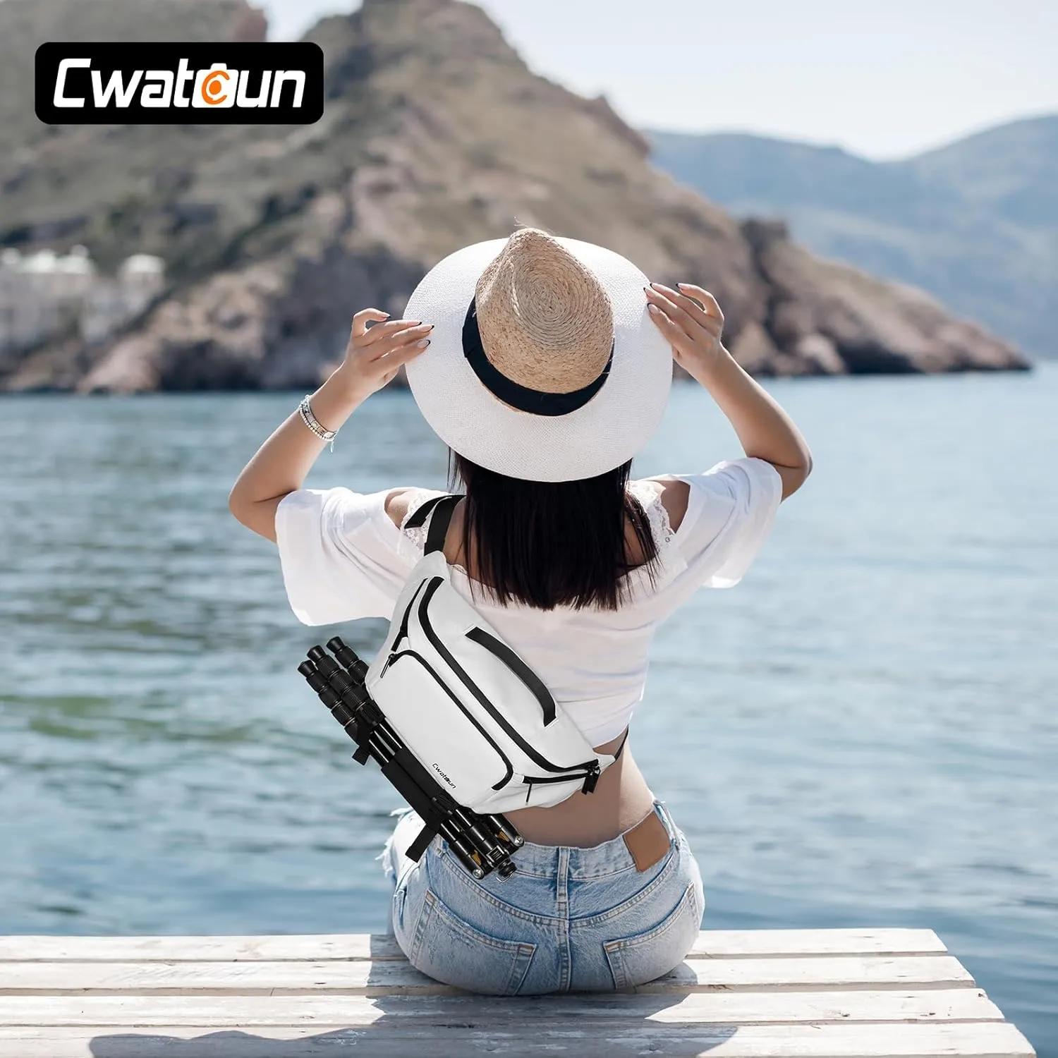 Waterproof Camera Waist Bag - Portable Fanny Pack, Compact Camera Case with Tripod Holder, Daily Crossbody Bag for Canon Nikon Sony DSLR/SLR/Mirrorless Camera, Can accommodate 1 Camera 2 Lens, White