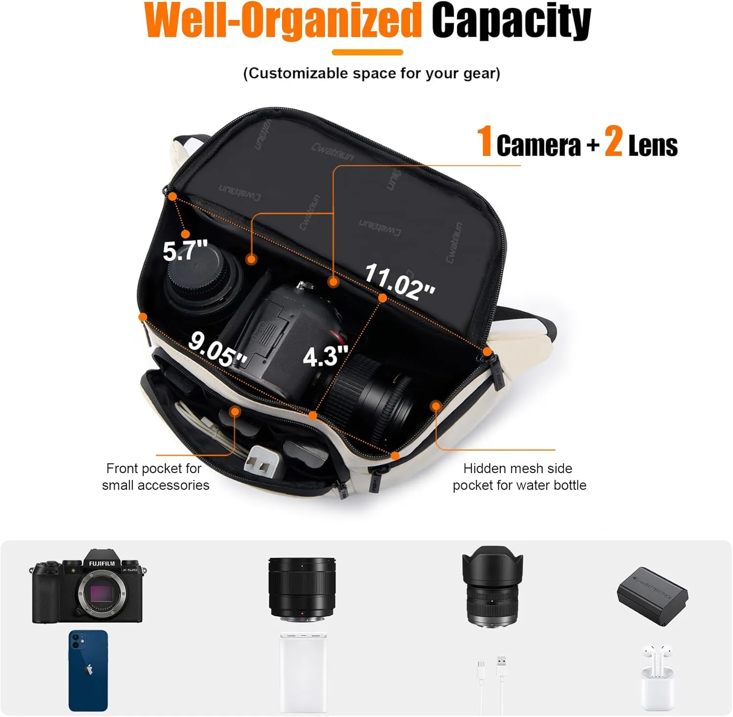 Waterproof Camera Waist Bag - Portable Fanny Pack, Compact Camera Case with Tripod Holder, Daily Crossbody Bag for Canon Nikon Sony DSLR/SLR/Mirrorless Camera, Can accommodate 1 Camera 2 Lens, White