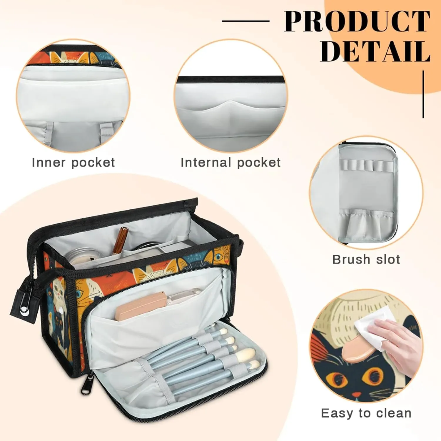 Waterproof Cosmetic Bags for Women Cat Cartoon Makeup Organizer Toiletry Bag with Zipper Pockets, Travel Makeup Bag for Business, Beach & Gym