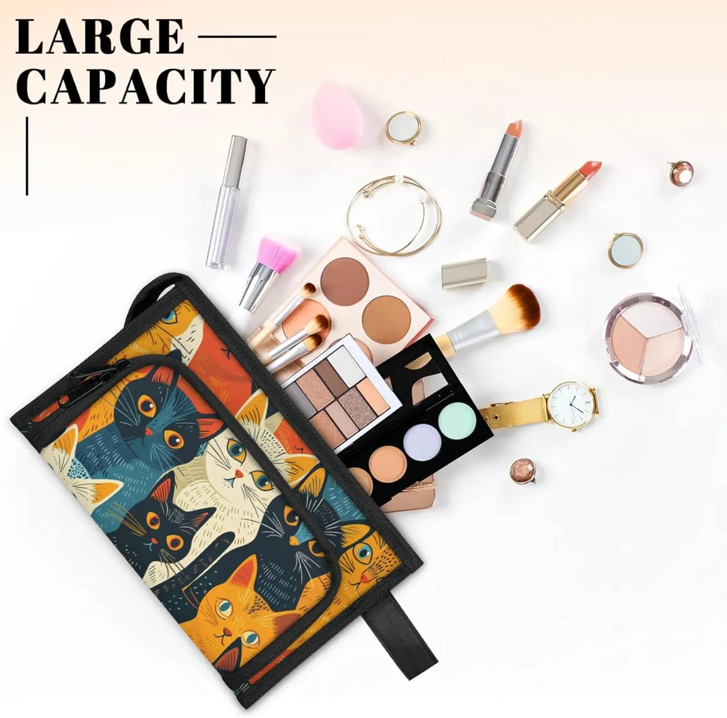 Waterproof Cosmetic Bags for Women Cat Cartoon Makeup Organizer Toiletry Bag with Zipper Pockets, Travel Makeup Bag for Business, Beach & Gym