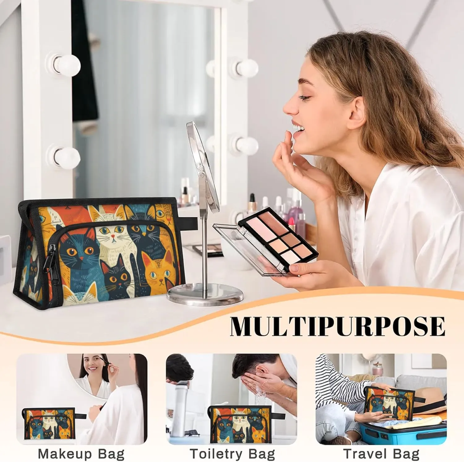 Waterproof Cosmetic Bags for Women Cat Cartoon Makeup Organizer Toiletry Bag with Zipper Pockets, Travel Makeup Bag for Business, Beach & Gym