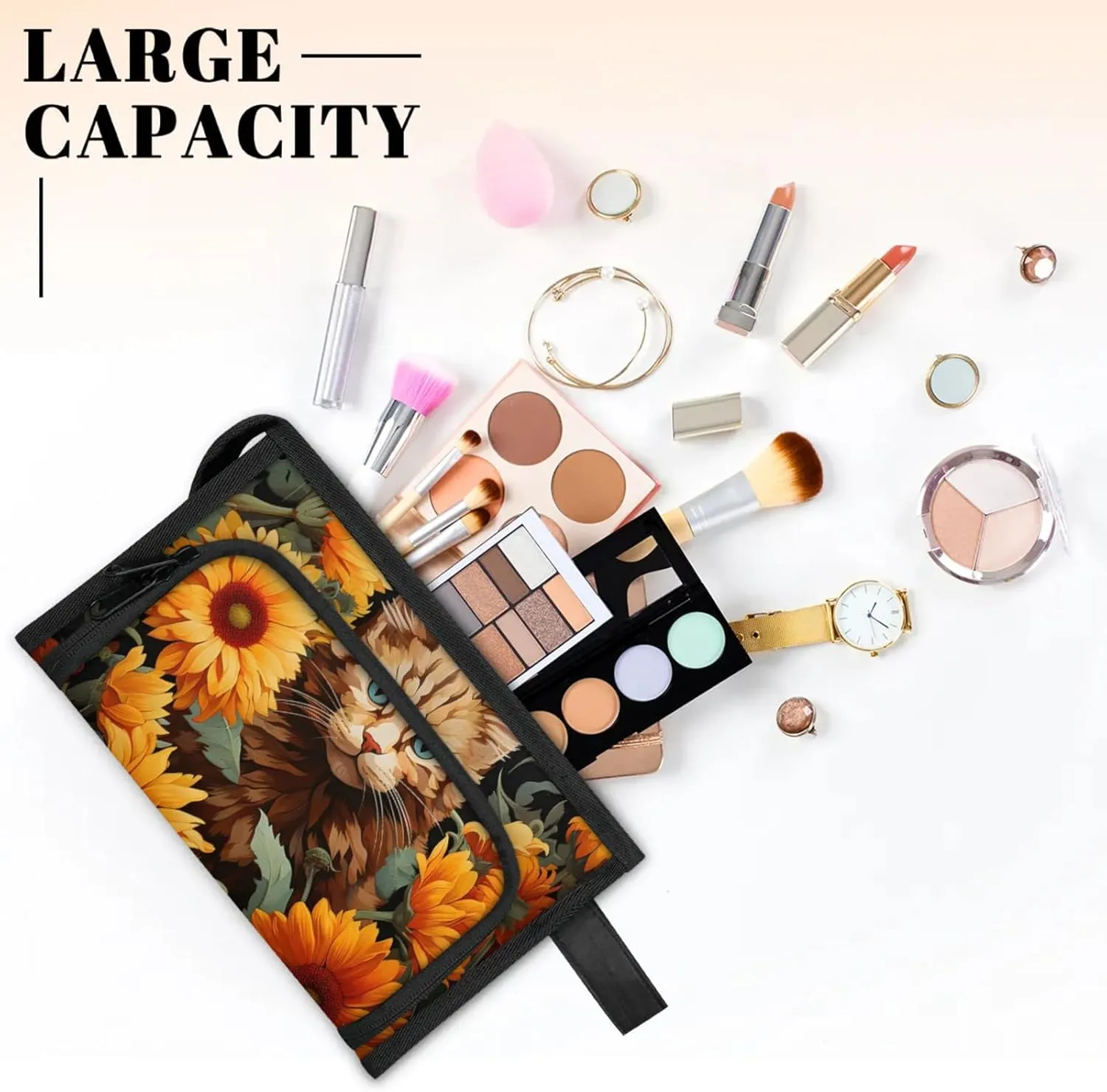 Waterproof Cosmetic Bags for Women Cat Flowers Makeup Organizer Toiletry Bag with Zipper Pockets, Travel Makeup Bag for Business, Beach & Gym
