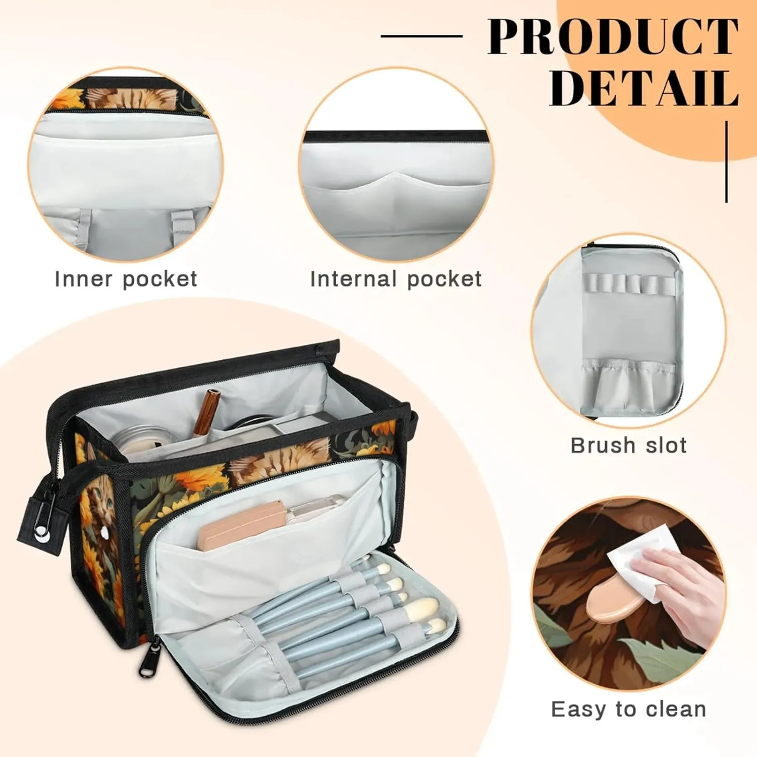Waterproof Cosmetic Bags for Women Cat Flowers Makeup Organizer Toiletry Bag with Zipper Pockets, Travel Makeup Bag for Business, Beach & Gym