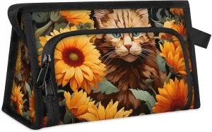 Waterproof Cosmetic Bags for Women Cat Flowers Makeup Organizer Toiletry Bag with Zipper Pockets, Travel Makeup Bag for Business, Beach & Gym