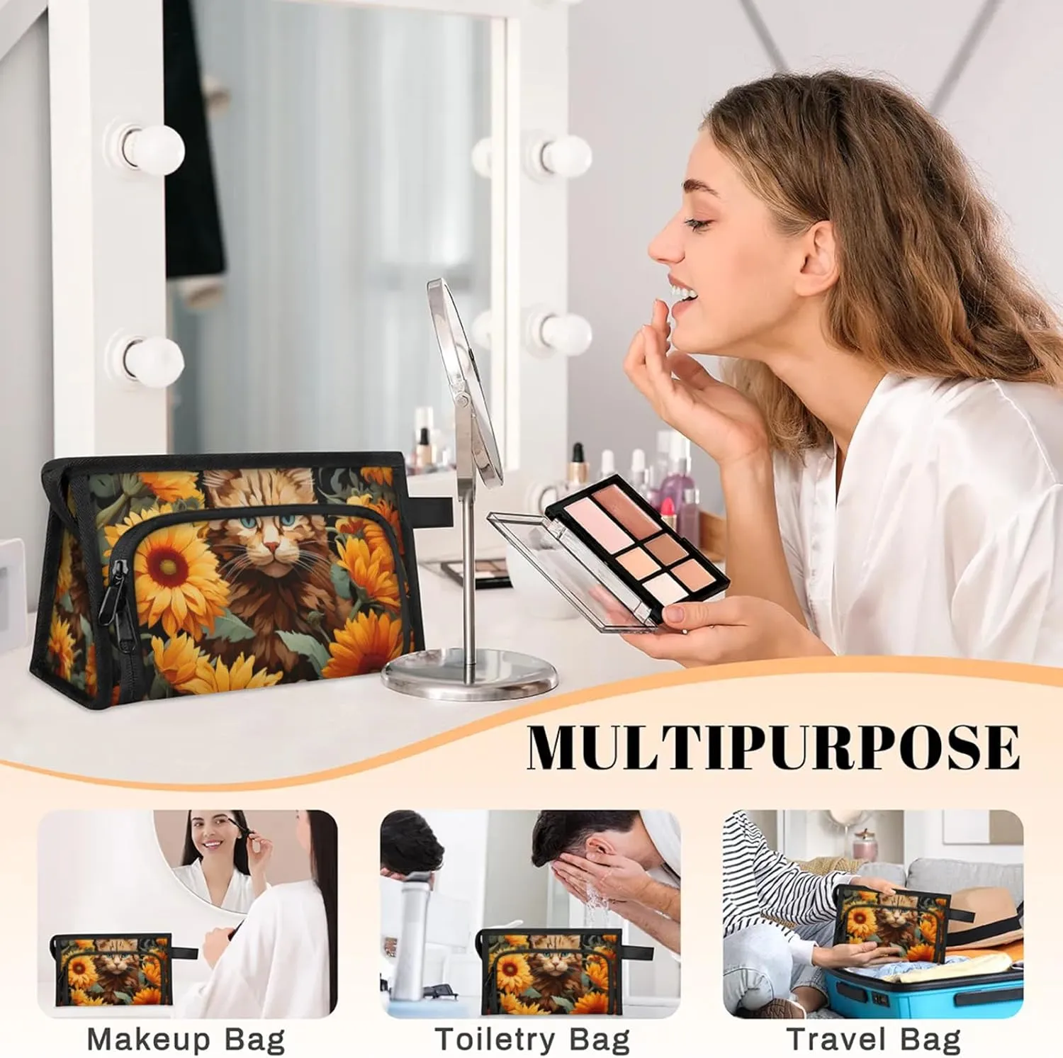 Waterproof Cosmetic Bags for Women Cat Flowers Makeup Organizer Toiletry Bag with Zipper Pockets, Travel Makeup Bag for Business, Beach & Gym