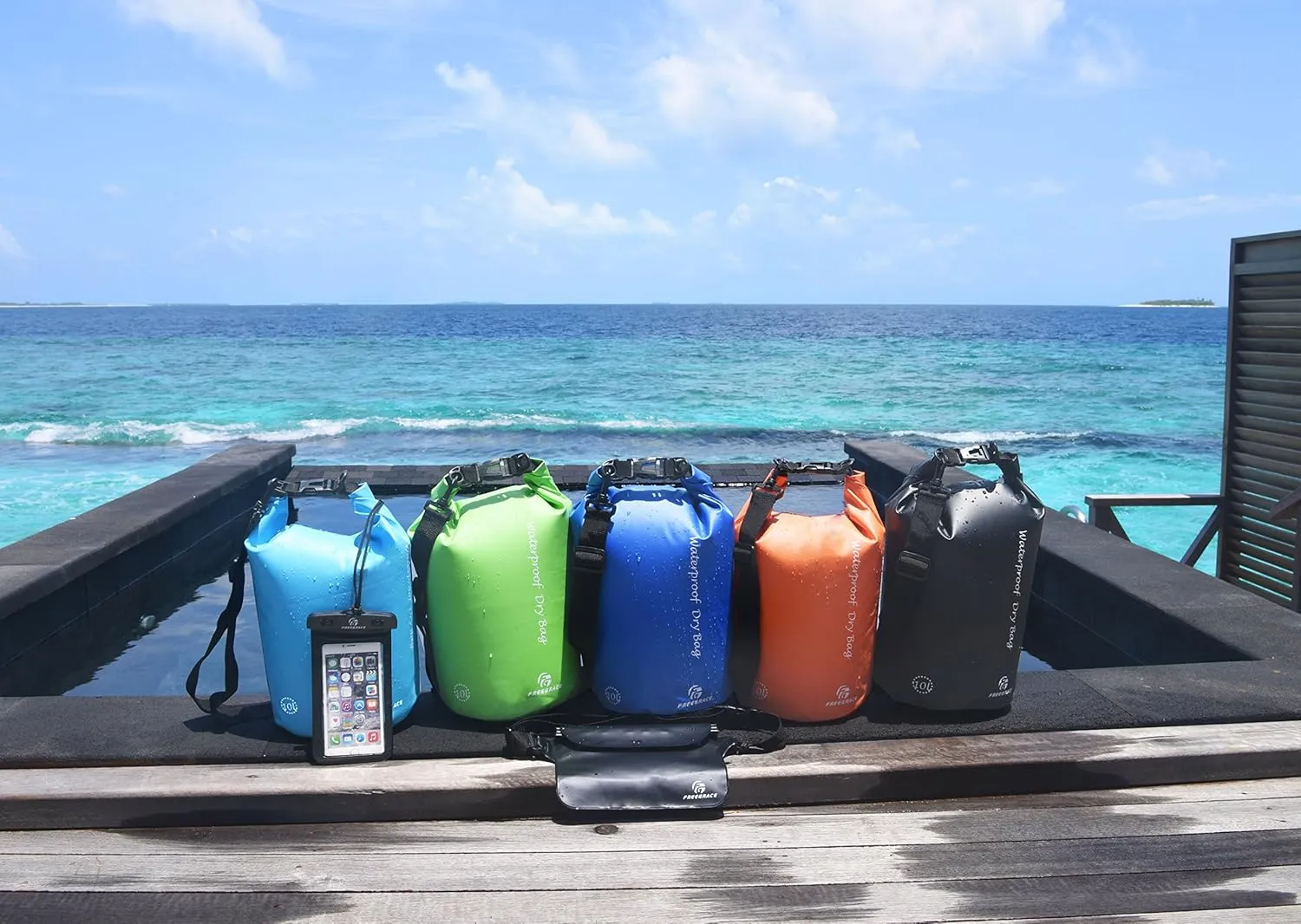 Waterproof Dry Bags Set of 3 Dry Bag with 2 Zip Lock Seals & Detachable Shoulder Strap, Waist Pouch & Phone Case - Can Be Submerged Into Water (Green, 20L)
