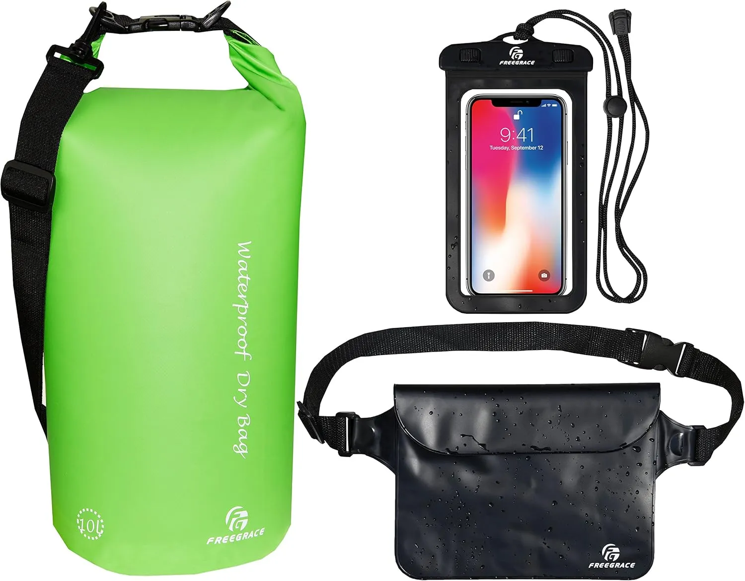 Waterproof Dry Bags Set of 3 Dry Bag with 2 Zip Lock Seals & Detachable Shoulder Strap, Waist Pouch & Phone Case - Can Be Submerged Into Water (Green, 20L)