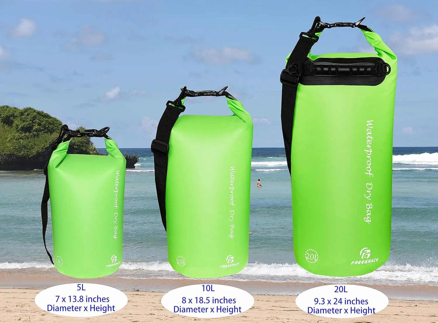 Waterproof Dry Bags Set of 3 Dry Bag with 2 Zip Lock Seals & Detachable Shoulder Strap, Waist Pouch & Phone Case - Can Be Submerged Into Water (Green, 20L)