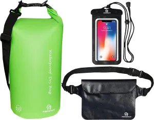 Waterproof Dry Bags Set of 3 Dry Bag with 2 Zip Lock Seals & Detachable Shoulder Strap, Waist Pouch & Phone Case - Can Be Submerged Into Water (Green, 20L)