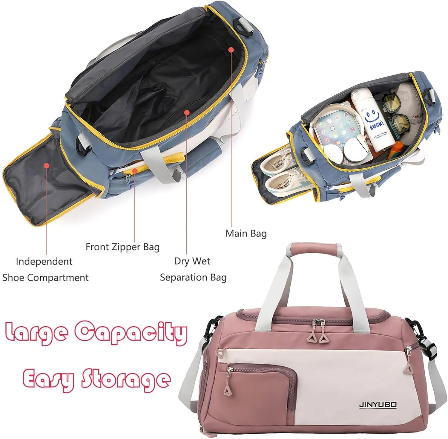 Weekender Overnight Bag Travel Duffel Bag with Independent Shoe Compartment Carry On Sports Tote Gym Bag for Women Men (Hotpink)