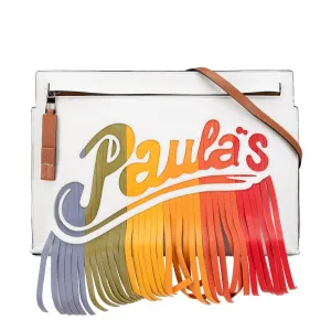 White LOEWE Paulas Ibiza Leather Fringe T Pouch Crossbody