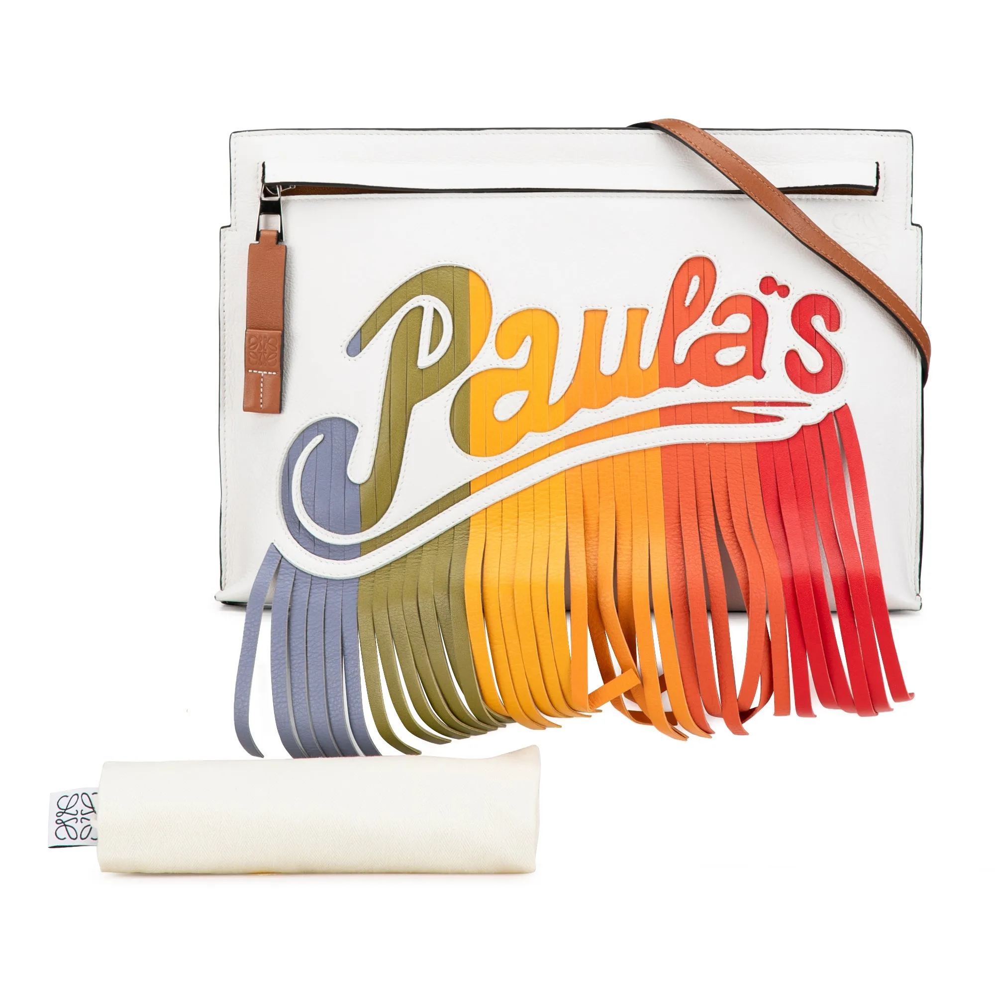 White LOEWE Paulas Ibiza Leather Fringe T Pouch Crossbody