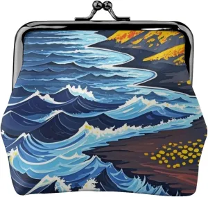 Windswept Shores Print PU Leather Coin Purse, Portable Mini Kiss-lock Change Purse Coin Wallets for Women Men, Keys