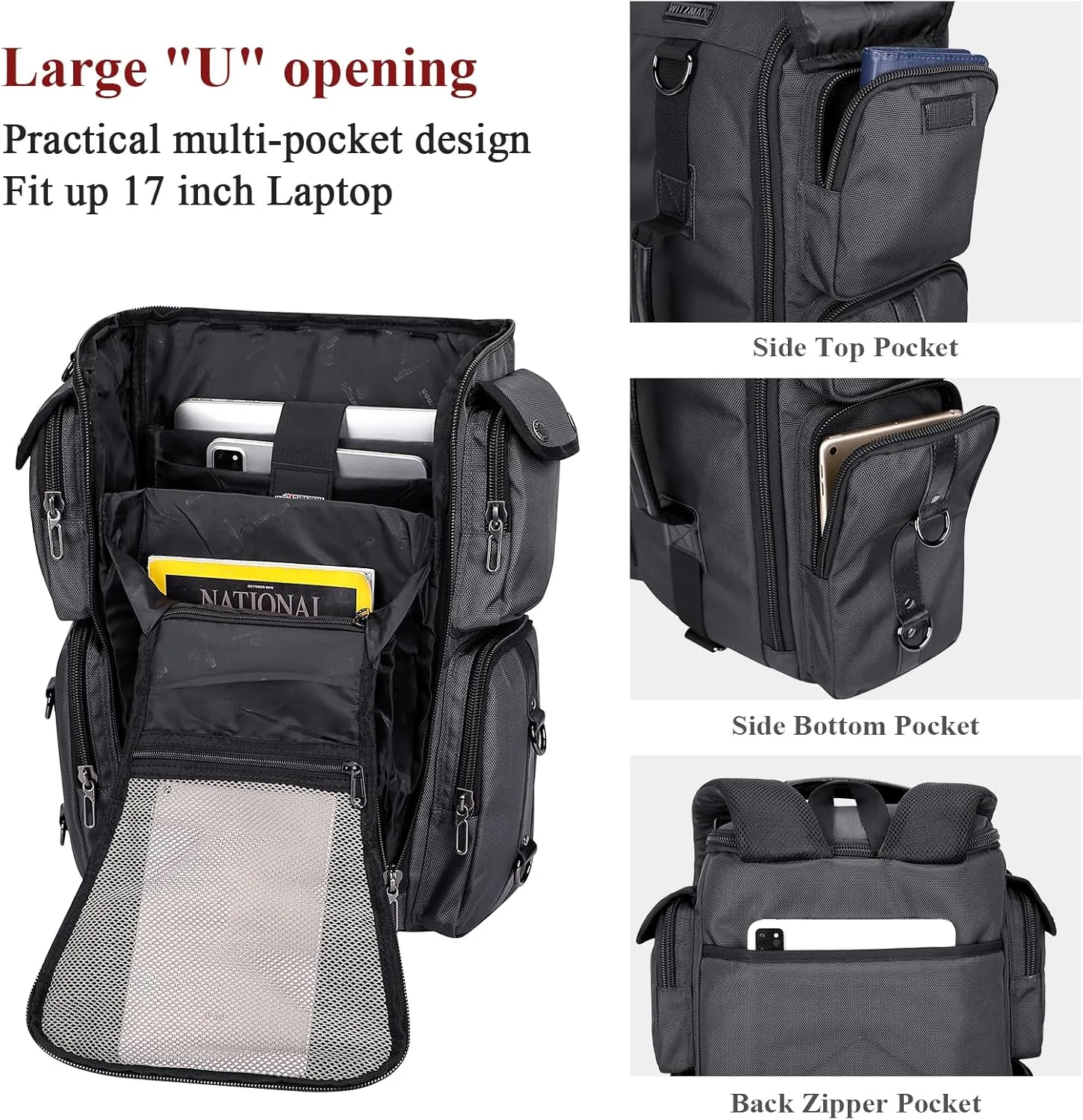 WITZMAN Travel Backpack for Men Carry On Backpack Duffel Bag Large Capacity Laptop Backpack 17 Inch (6695 Silvery Grey)