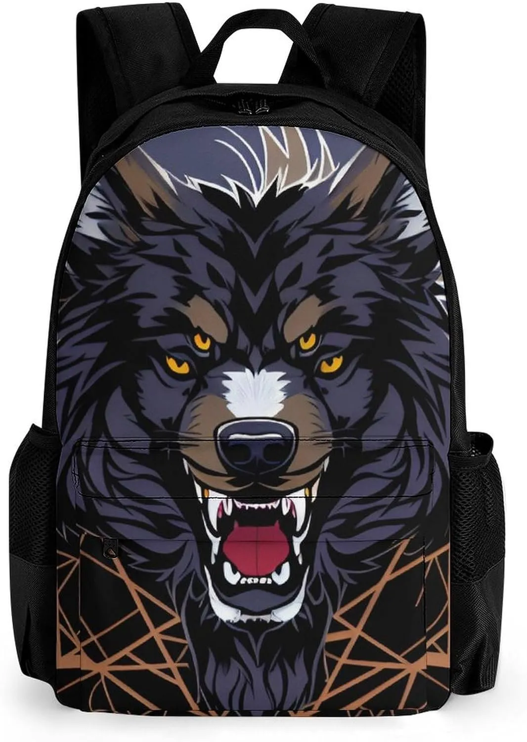 Women Men Polyester Wild Wolf Head Art Casual Daypack Large Capacity Bookbag With Side Pockets for Sports Picnic Walking Cycling