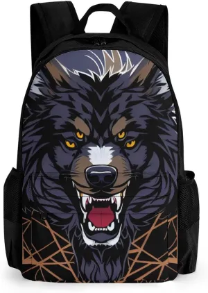 Women Men Polyester Wild Wolf Head Art Casual Daypack Large Capacity Bookbag With Side Pockets for Sports Picnic Walking Cycling