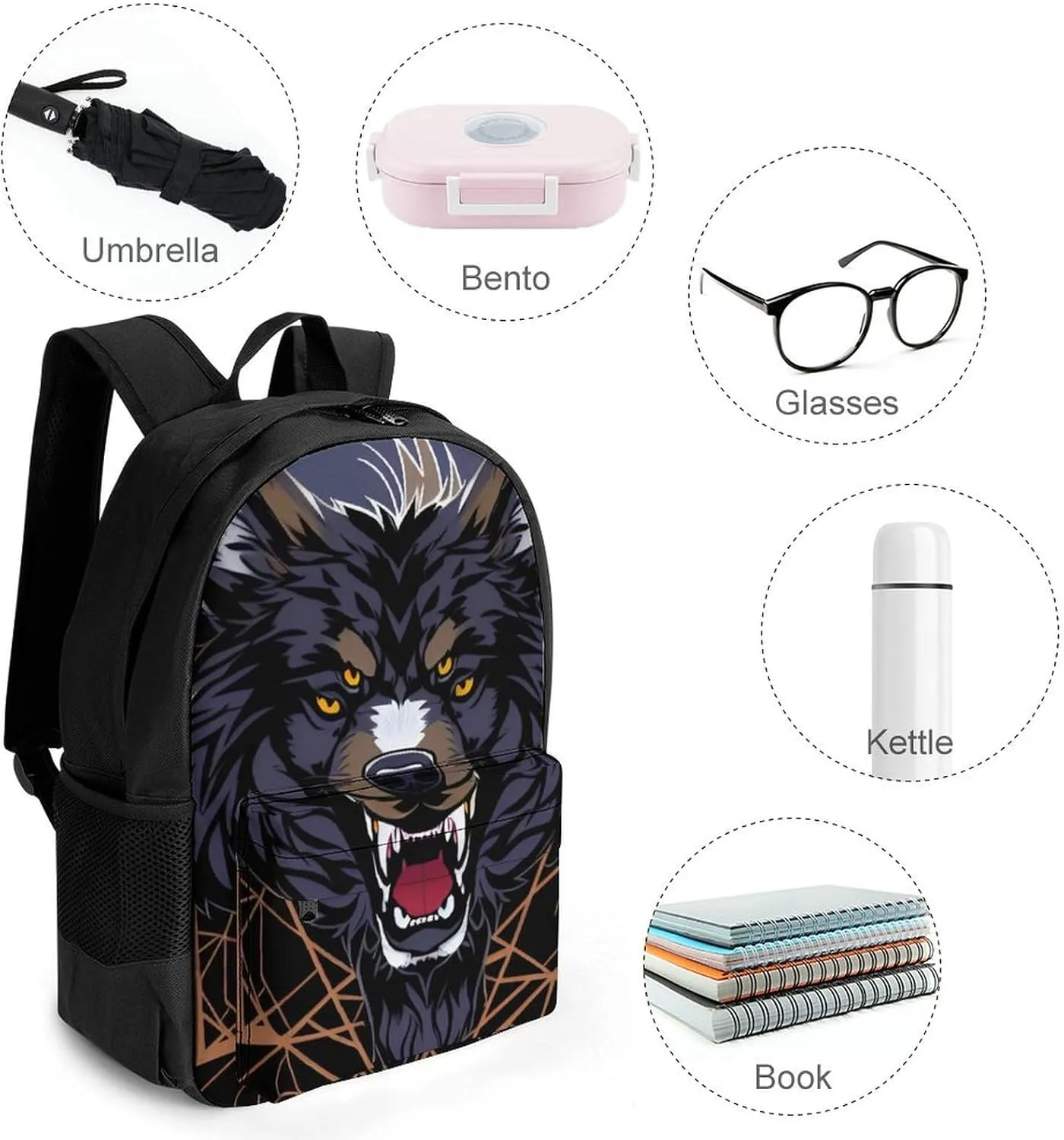 Women Men Polyester Wild Wolf Head Art Casual Daypack Large Capacity Bookbag With Side Pockets for Sports Picnic Walking Cycling