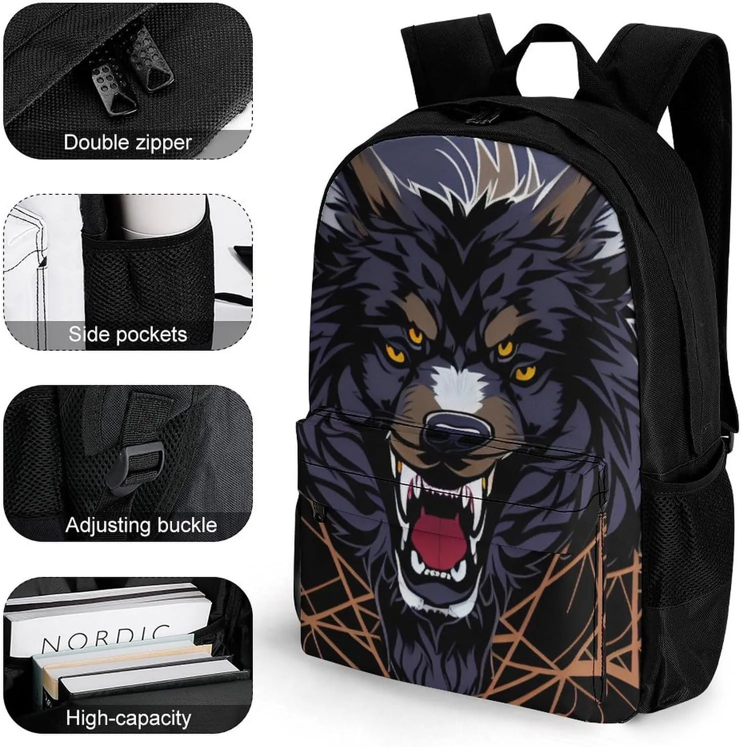 Women Men Polyester Wild Wolf Head Art Casual Daypack Large Capacity Bookbag With Side Pockets for Sports Picnic Walking Cycling