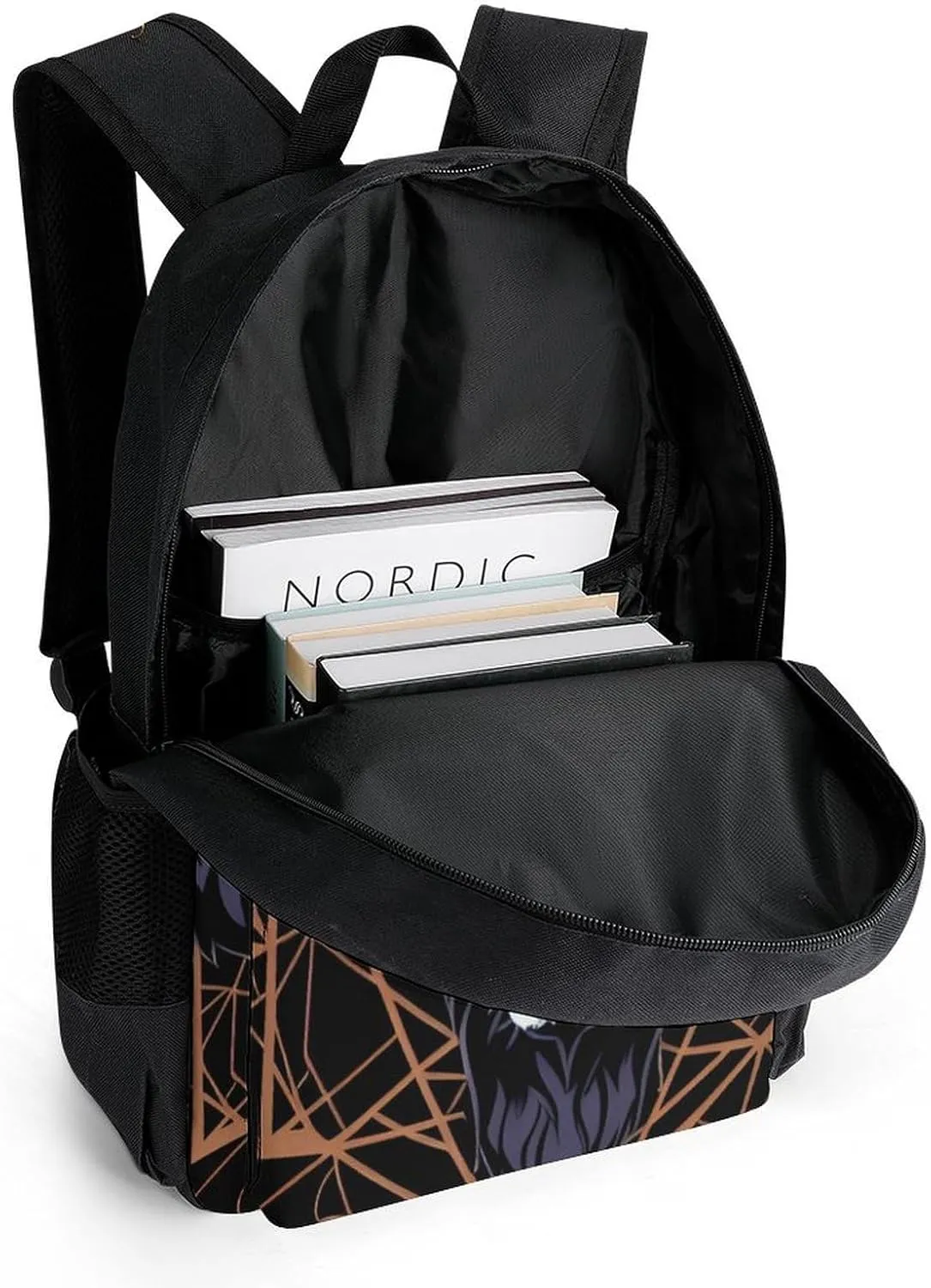 Women Men Polyester Wild Wolf Head Art Casual Daypack Large Capacity Bookbag With Side Pockets for Sports Picnic Walking Cycling