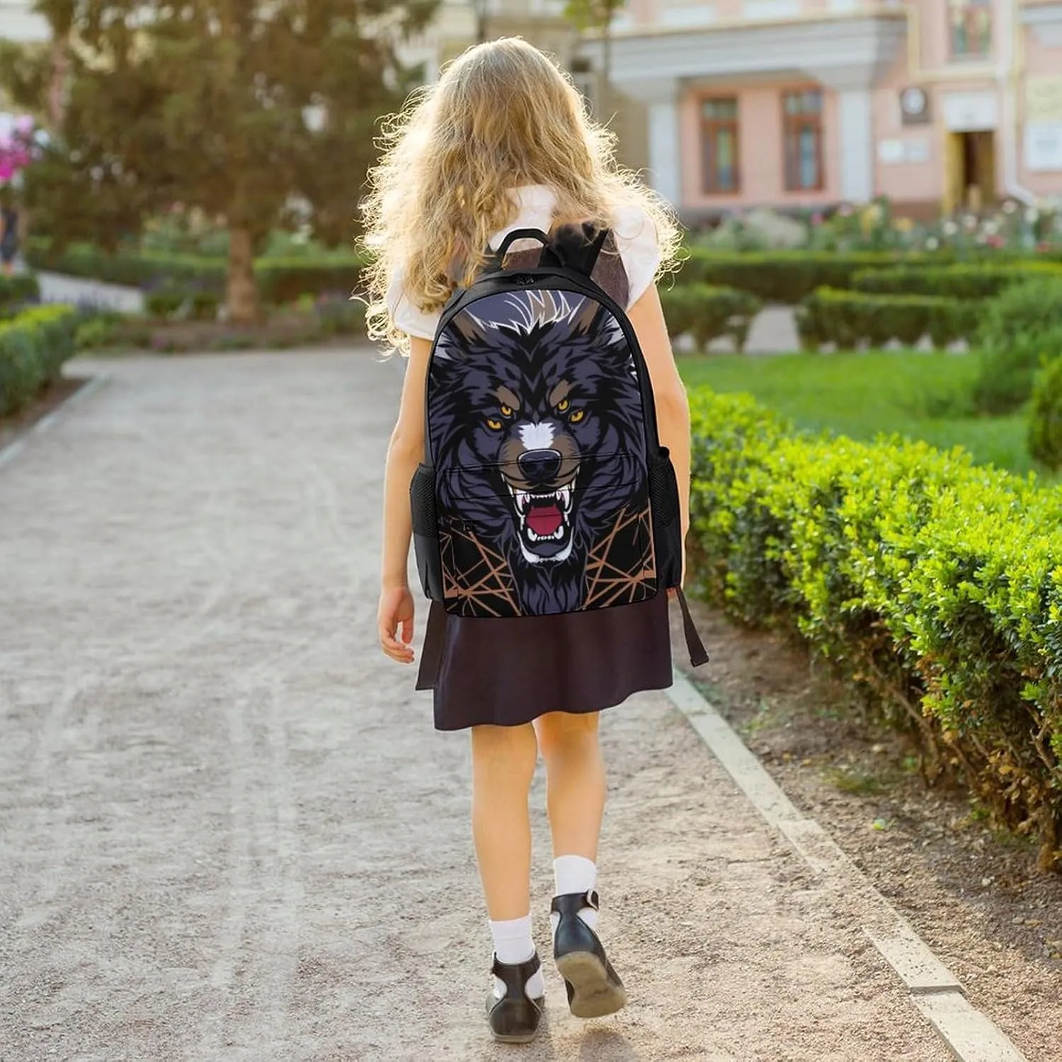 Women Men Polyester Wild Wolf Head Art Casual Daypack Large Capacity Bookbag With Side Pockets for Sports Picnic Walking Cycling