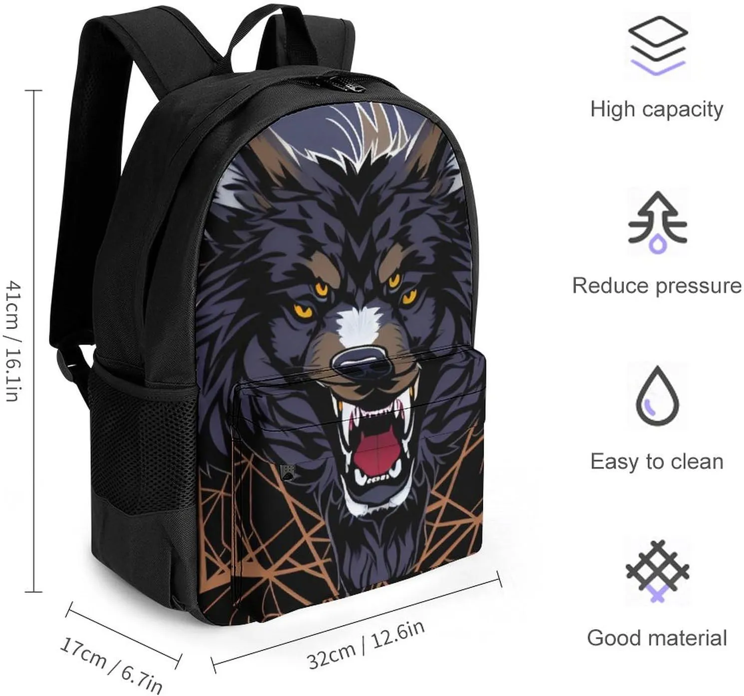 Women Men Polyester Wild Wolf Head Art Casual Daypack Large Capacity Bookbag With Side Pockets for Sports Picnic Walking Cycling
