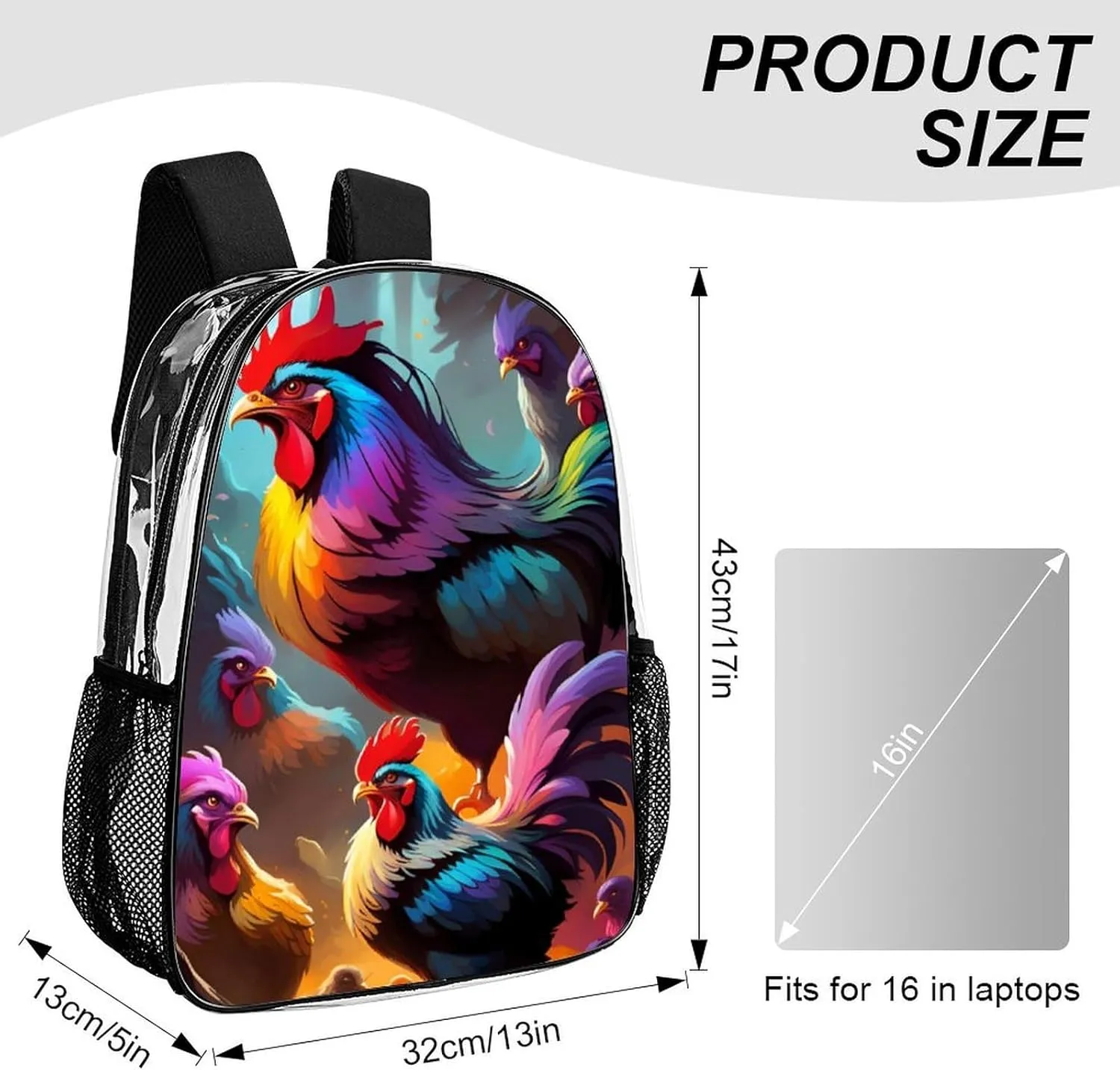 Women Men Transparent A Brood Of Chickens Art Casual Daypack Large Capacity Bookbag With Side Pockets for Sports Picnic Walking Cycling