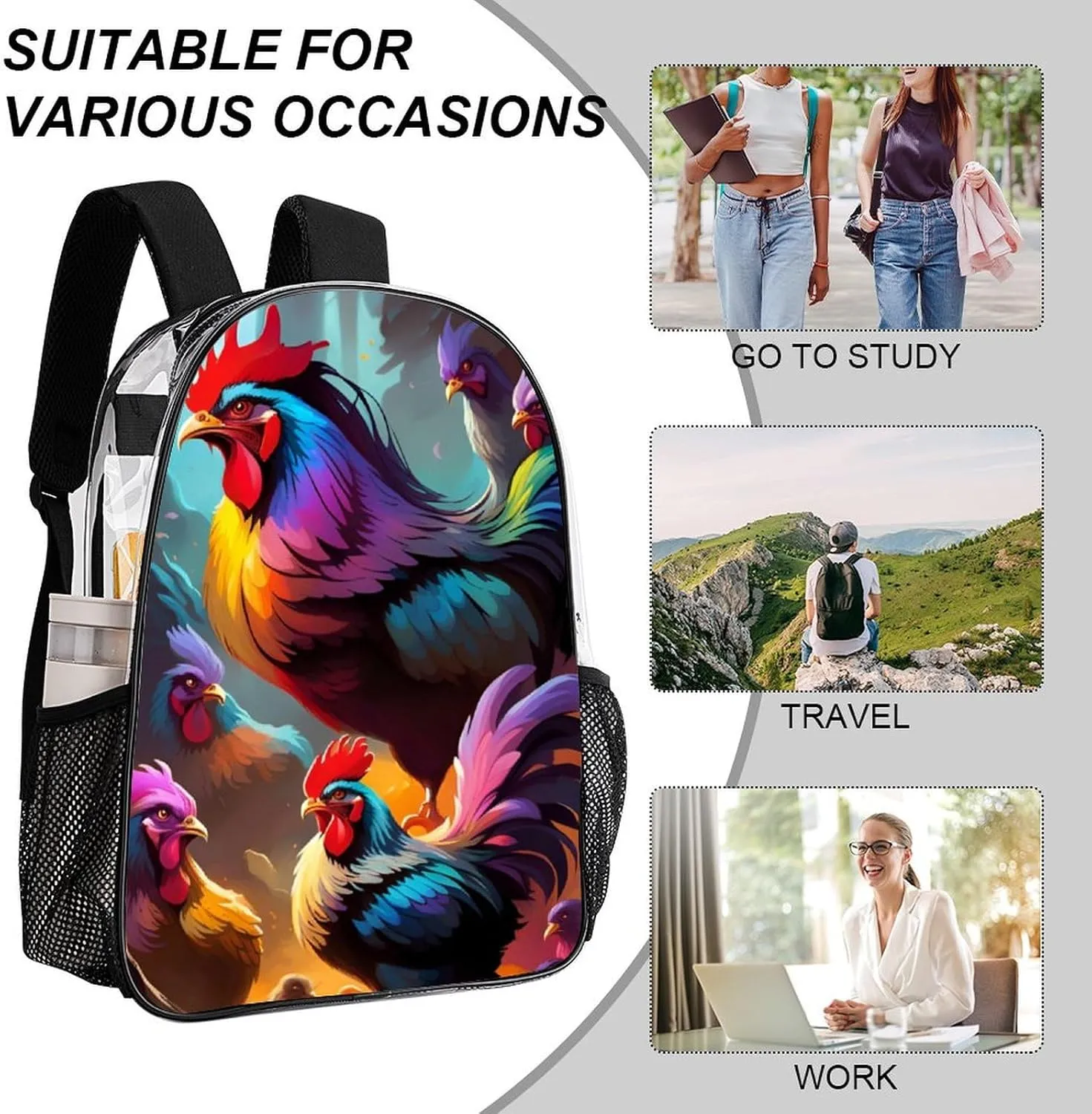 Women Men Transparent A Brood Of Chickens Art Casual Daypack Large Capacity Bookbag With Side Pockets for Sports Picnic Walking Cycling
