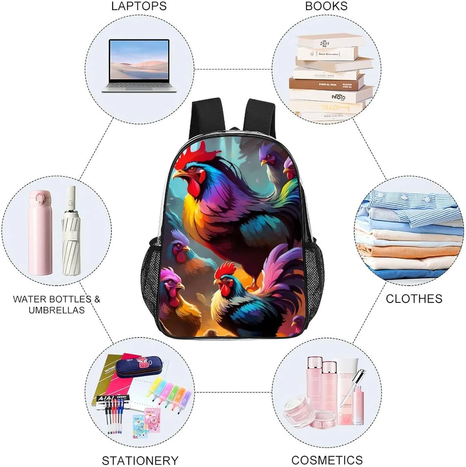 Women Men Transparent A Brood Of Chickens Art Casual Daypack Large Capacity Bookbag With Side Pockets for Sports Picnic Walking Cycling