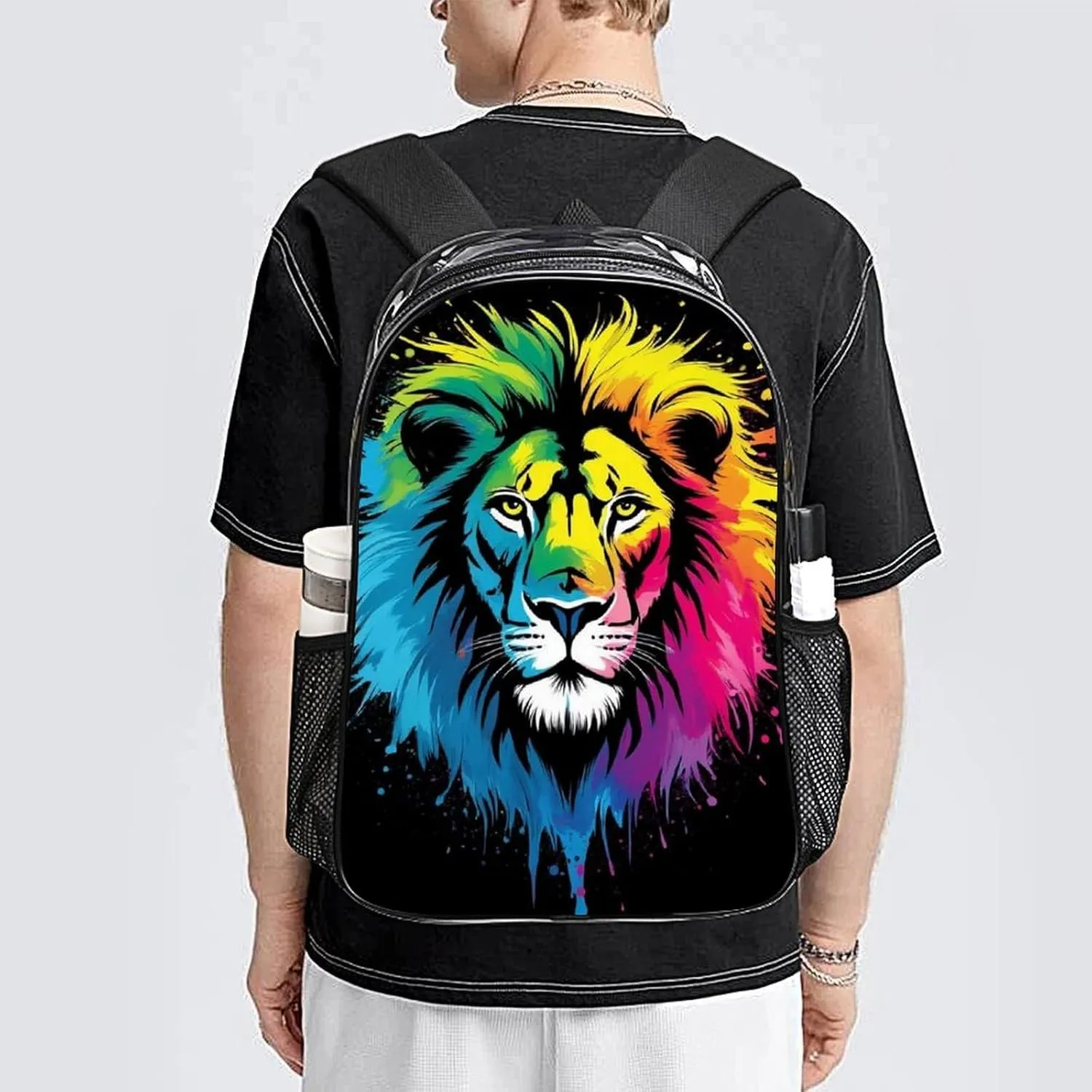 Women Men Transparent African Colorful Lion Watercolor Art Casual Daypack Large Capacity Bookbag With Side Pockets for Sports Picnic Walking Cycling