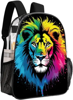 Women Men Transparent African Colorful Lion Watercolor Art Casual Daypack Large Capacity Bookbag With Side Pockets for Sports Picnic Walking Cycling