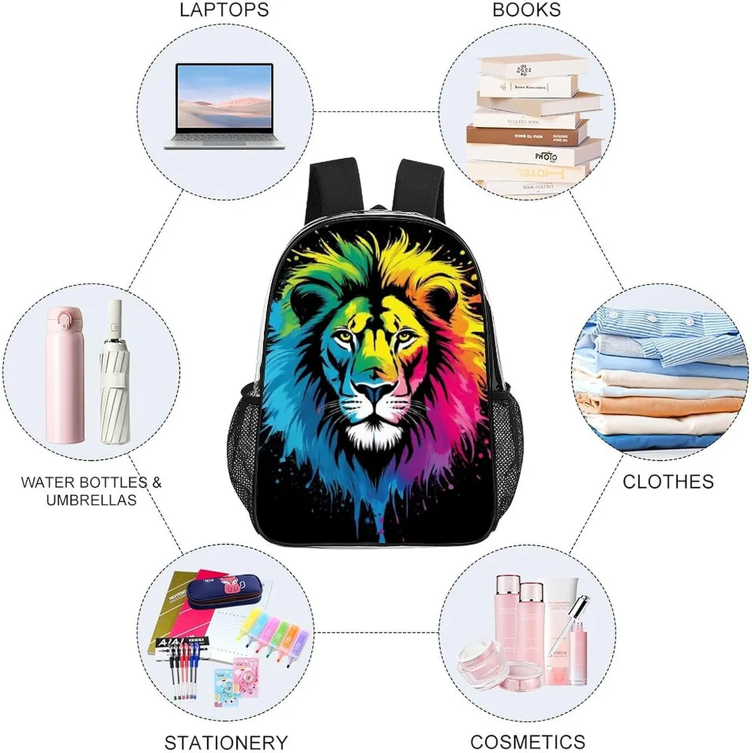 Women Men Transparent African Colorful Lion Watercolor Art Casual Daypack Large Capacity Bookbag With Side Pockets for Sports Picnic Walking Cycling