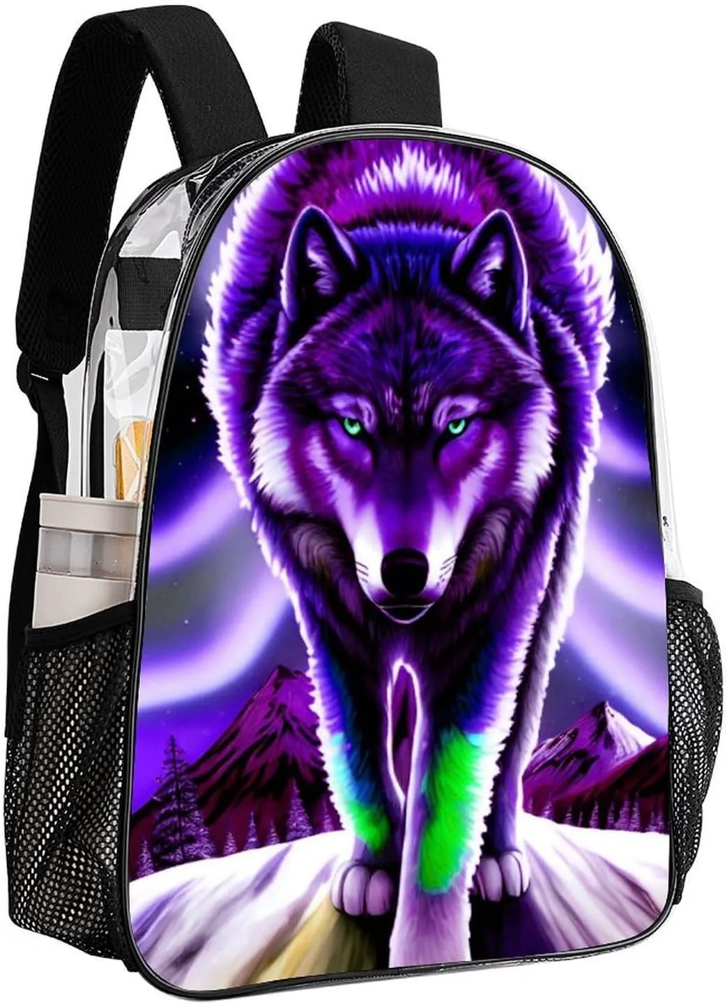 Women Men Transparent Mountain And Northern Light Wolves Psychedelic Art Casual Daypack Large Capacity Bookbag With Side Pockets for Sports Picnic Walking Cycling