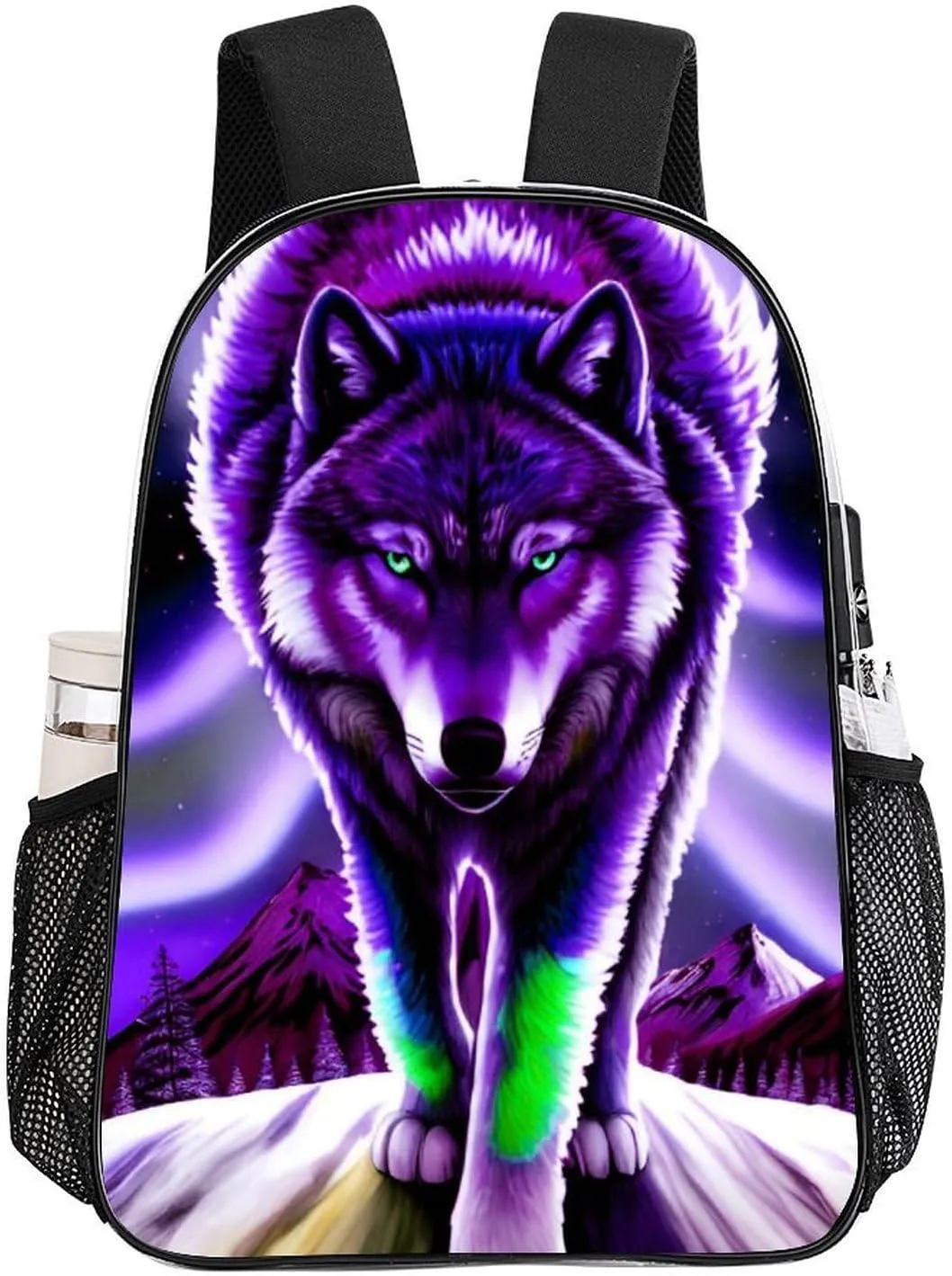 Women Men Transparent Mountain And Northern Light Wolves Psychedelic Art Casual Daypack Large Capacity Bookbag With Side Pockets for Sports Picnic Walking Cycling