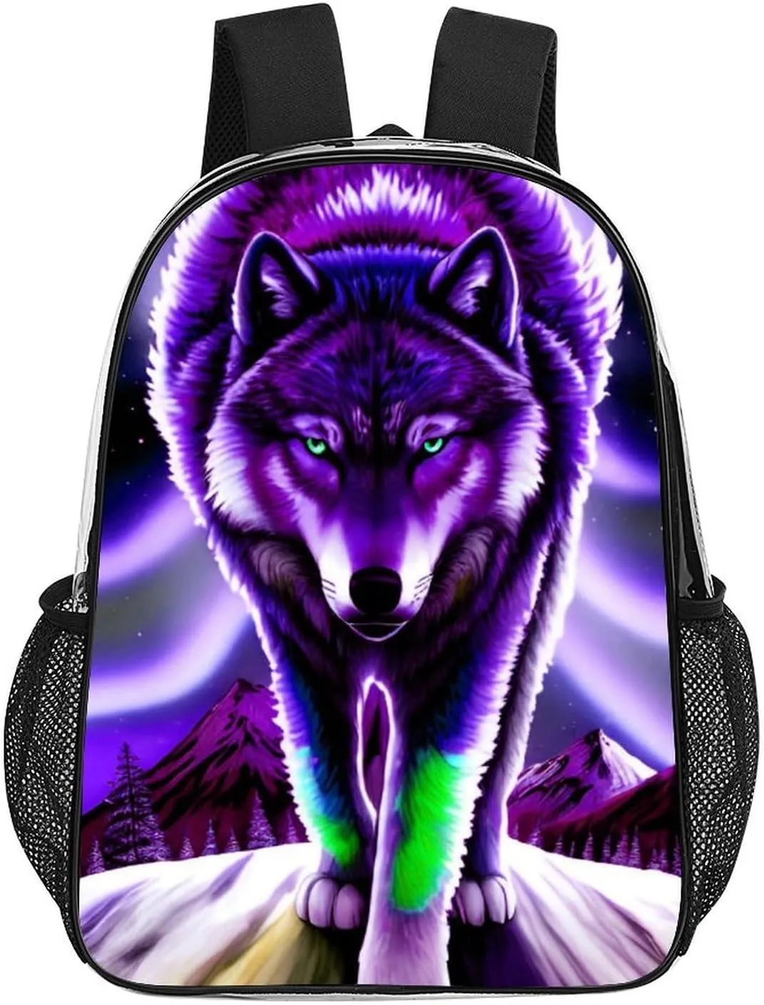 Women Men Transparent Mountain And Northern Light Wolves Psychedelic Art Casual Daypack Large Capacity Bookbag With Side Pockets for Sports Picnic Walking Cycling