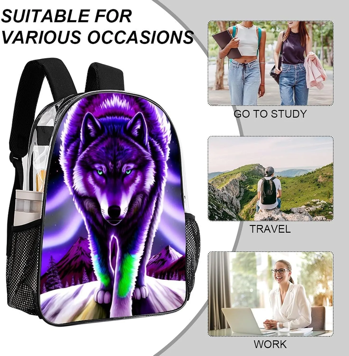 Women Men Transparent Mountain And Northern Light Wolves Psychedelic Art Casual Daypack Large Capacity Bookbag With Side Pockets for Sports Picnic Walking Cycling