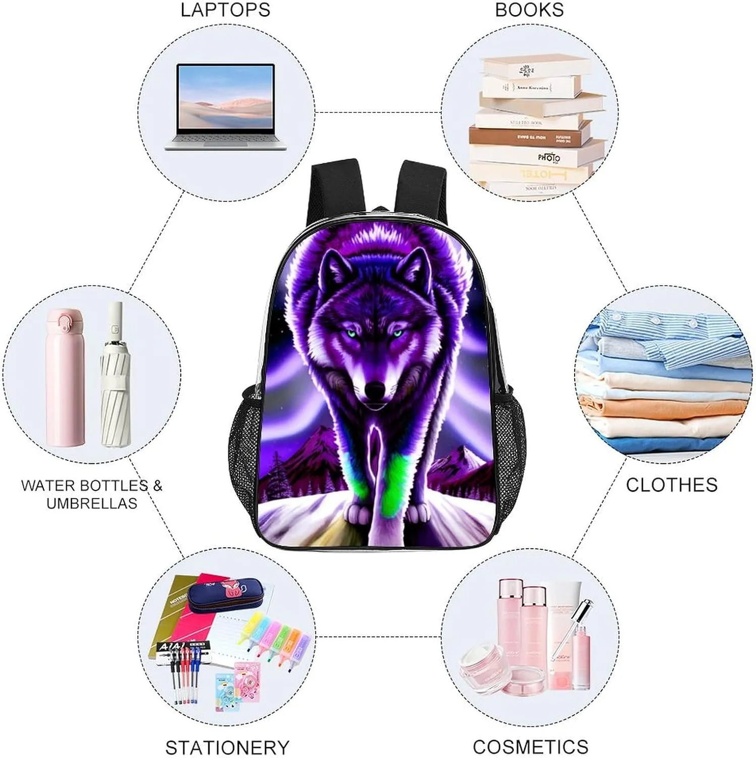 Women Men Transparent Mountain And Northern Light Wolves Psychedelic Art Casual Daypack Large Capacity Bookbag With Side Pockets for Sports Picnic Walking Cycling