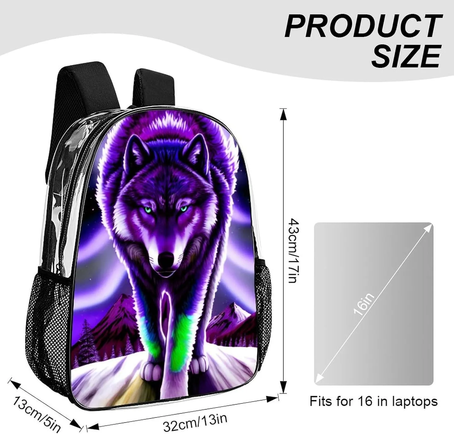 Women Men Transparent Mountain And Northern Light Wolves Psychedelic Art Casual Daypack Large Capacity Bookbag With Side Pockets for Sports Picnic Walking Cycling