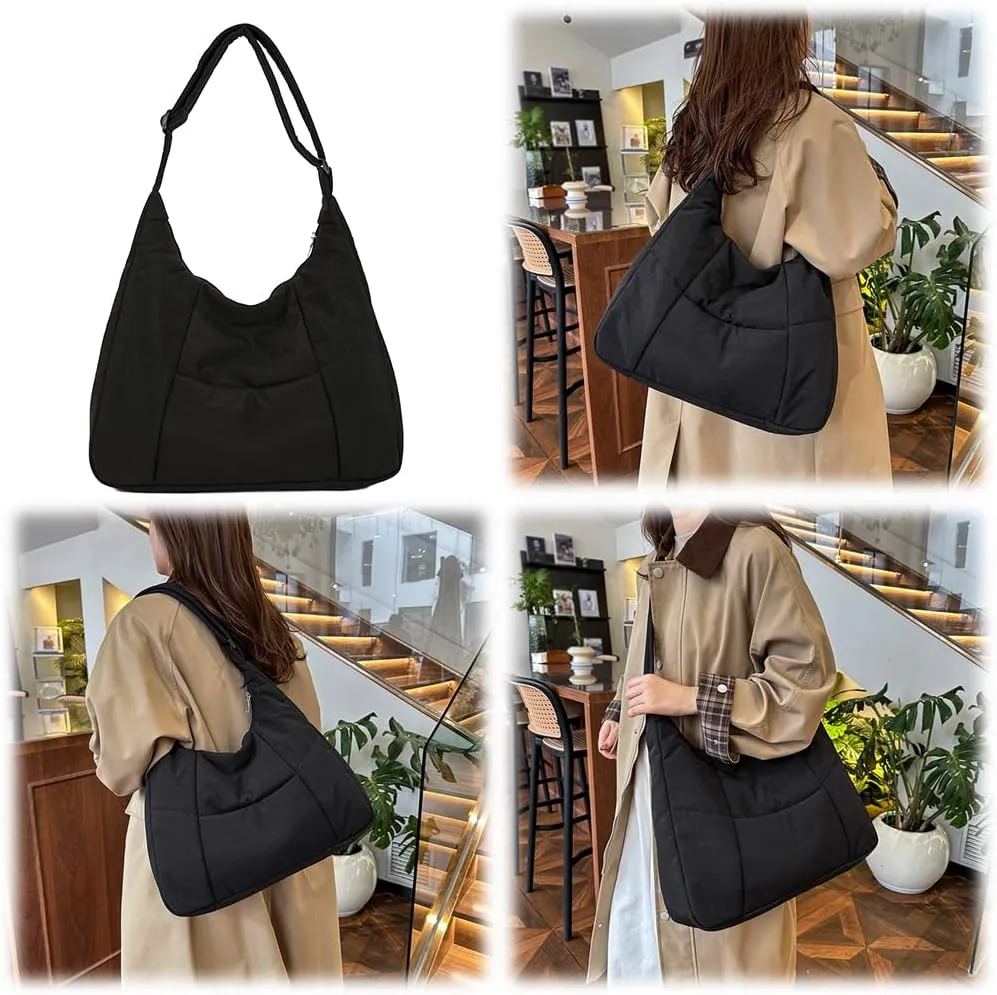 Women Nylon Shoulder Bag Cotton Padded Crossbody Bag Adjustable Strap Puffy Bag with Zipper Handbag for Work Trave