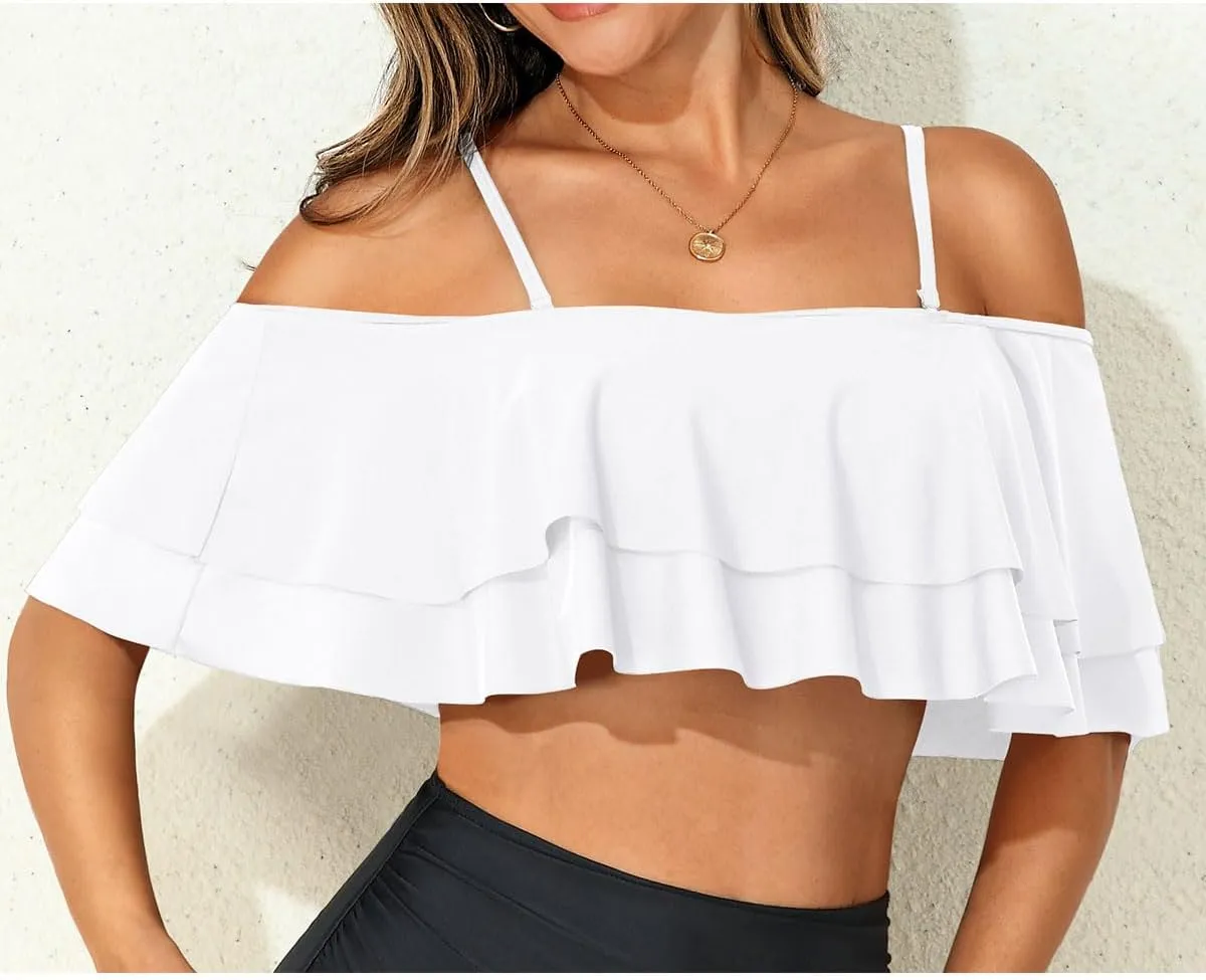 Women Ruffle Bikini Top Double Layer Flounce Swimsuit Off Shoulder Bathing Suit top Only