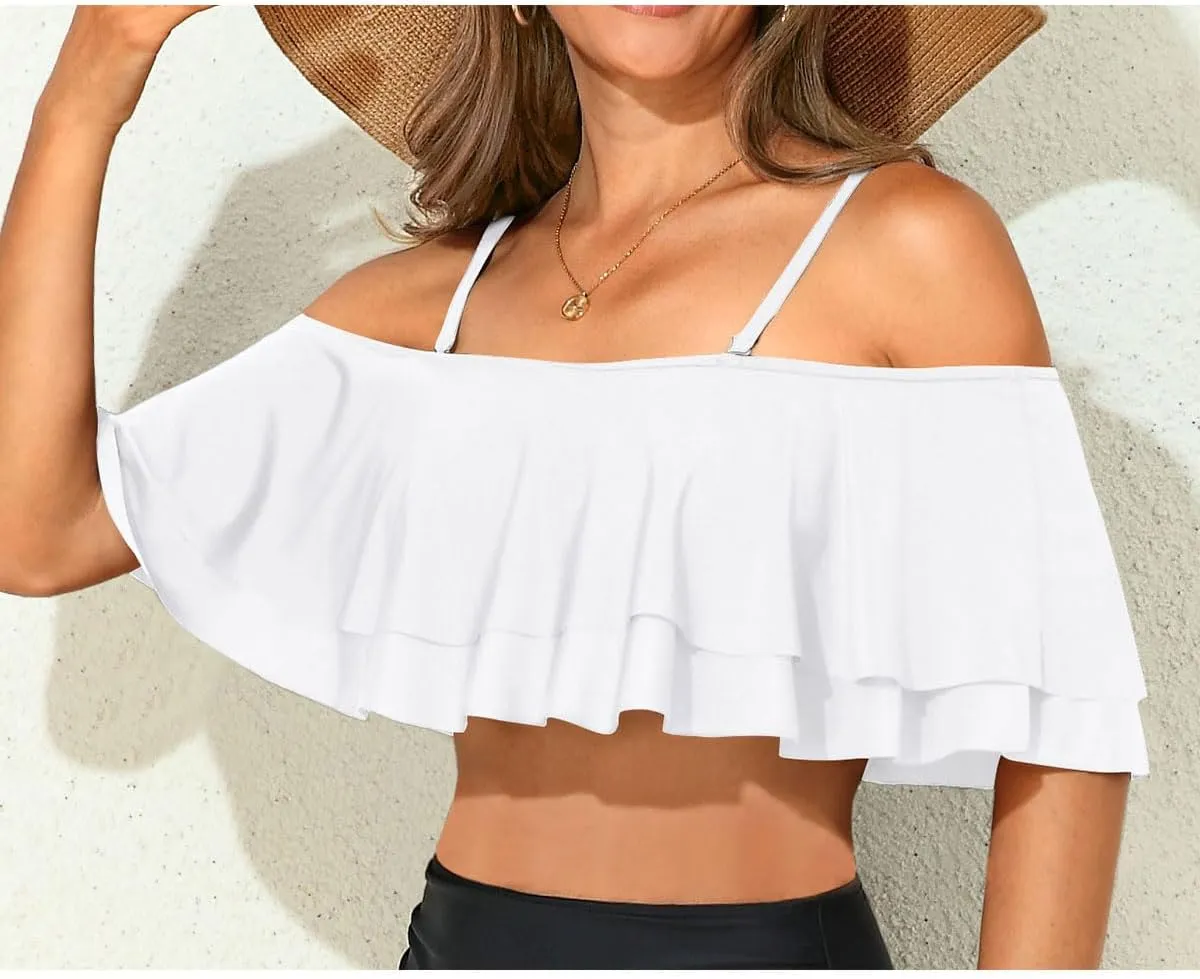 Women Ruffle Bikini Top Double Layer Flounce Swimsuit Off Shoulder Bathing Suit top Only