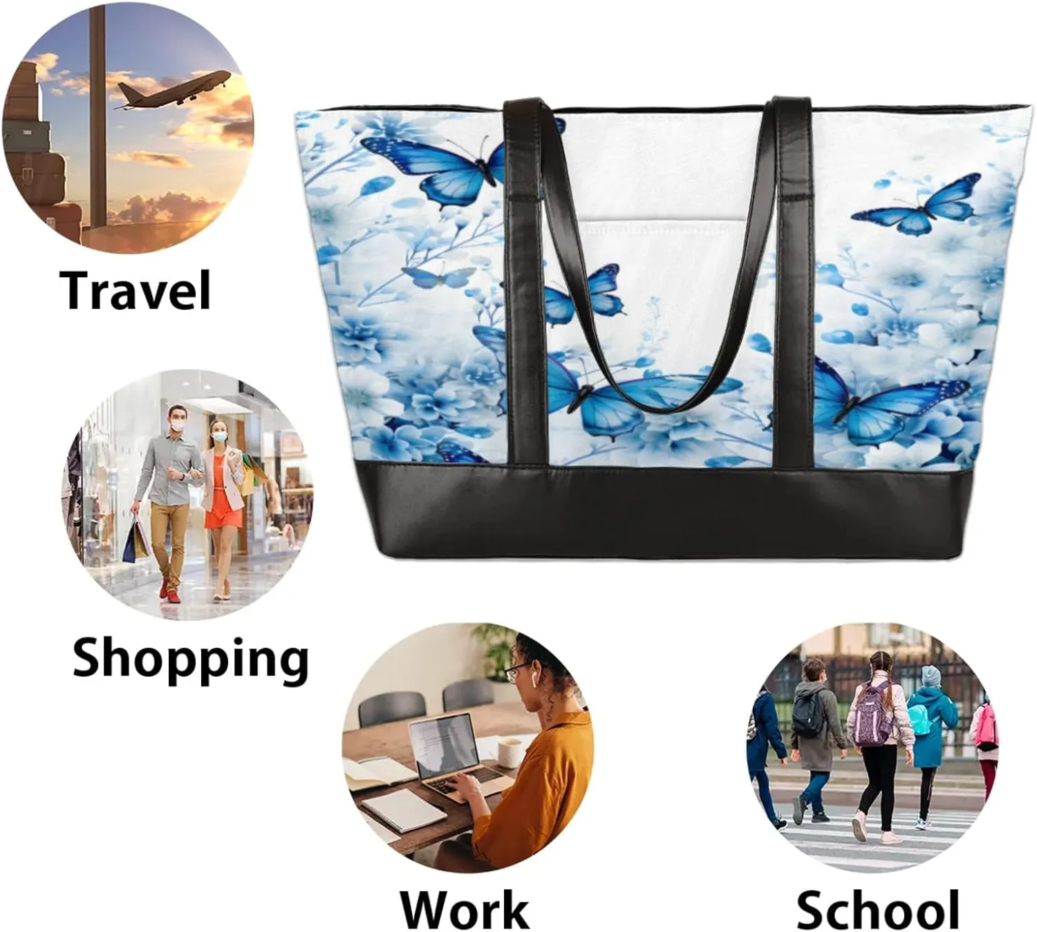 Women Tote Bag with Zipper, Shopper Handbag Travel Purse, PU Leather Laptop Tote Bags, Weekender Tote Bags