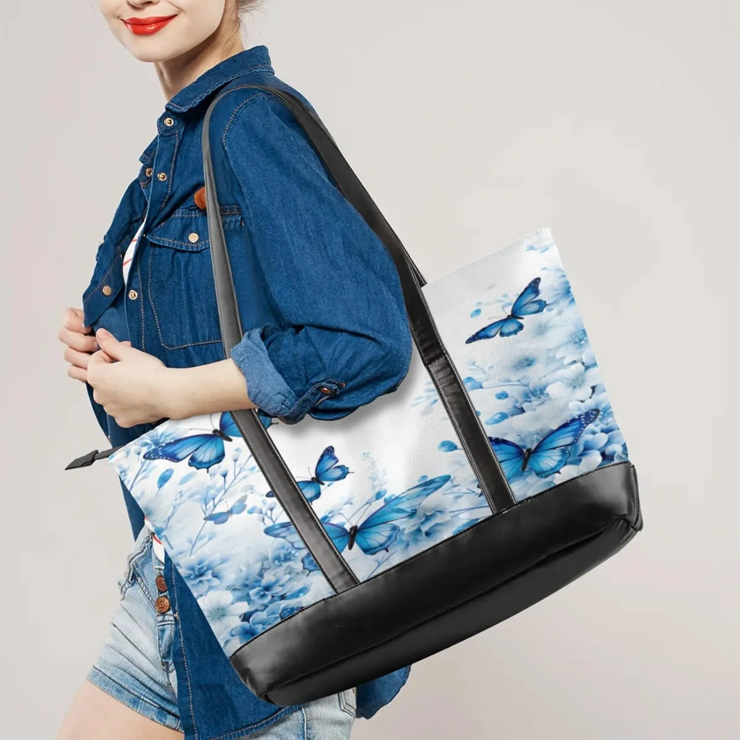 Women Tote Bag with Zipper, Shopper Handbag Travel Purse, PU Leather Laptop Tote Bags, Weekender Tote Bags